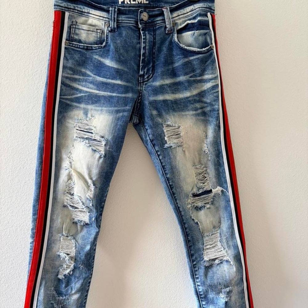 PREME Blue with Red Side Stripes Moto Denim Jeans Streetwear  Mens Size: 30x32